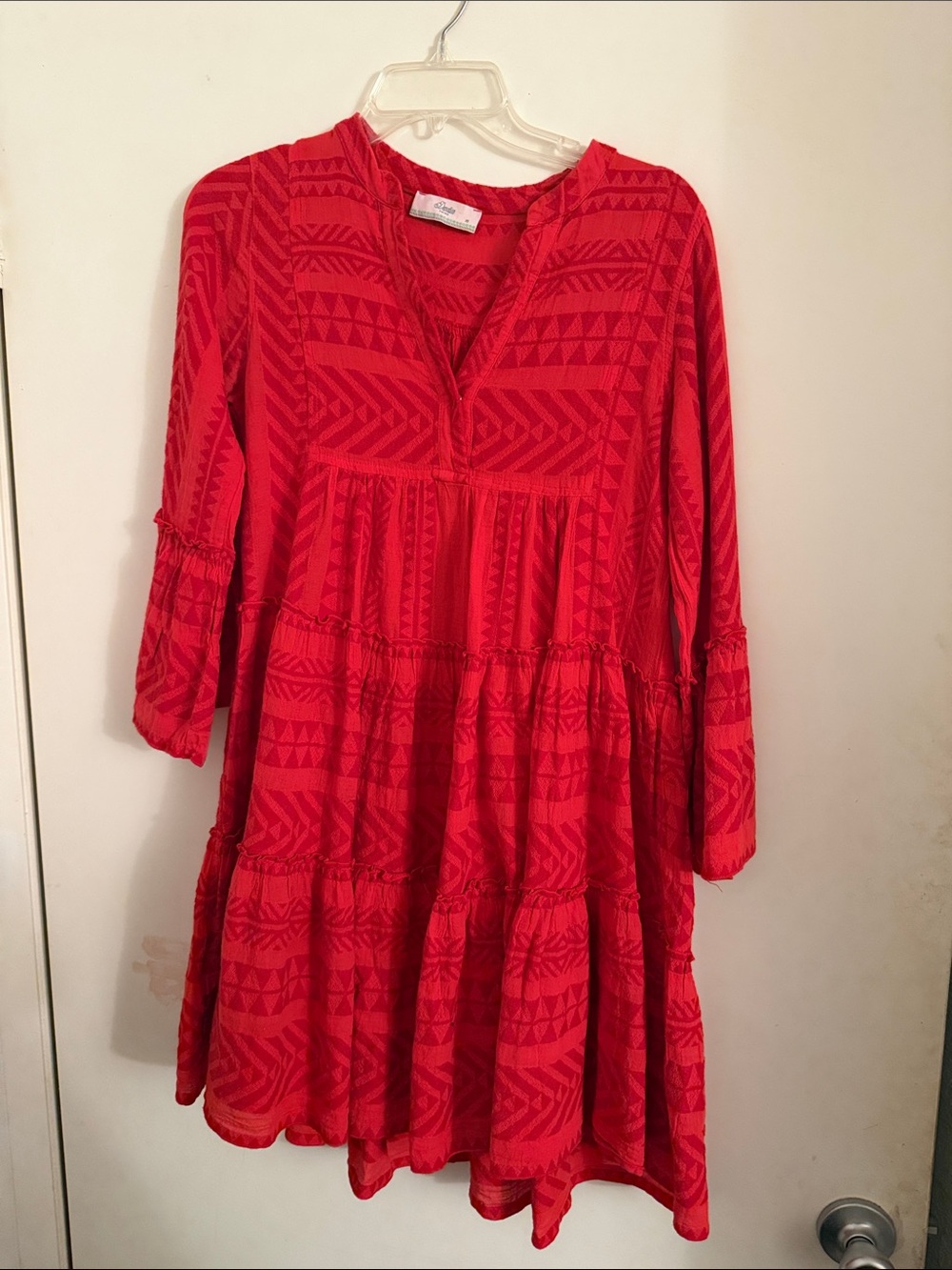 Anthropologie Red Tiered Mini Dress with Geometric Print